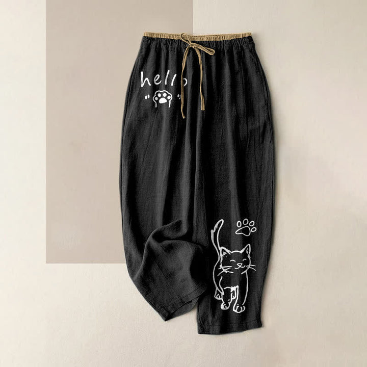 Buddha Stones Pantalones de mujer de algodón puro con estampado de huellas de gato y cintura elástica con bolsillos. - Negro - US16，UK/AU20，EU48 (3XL) - image 0