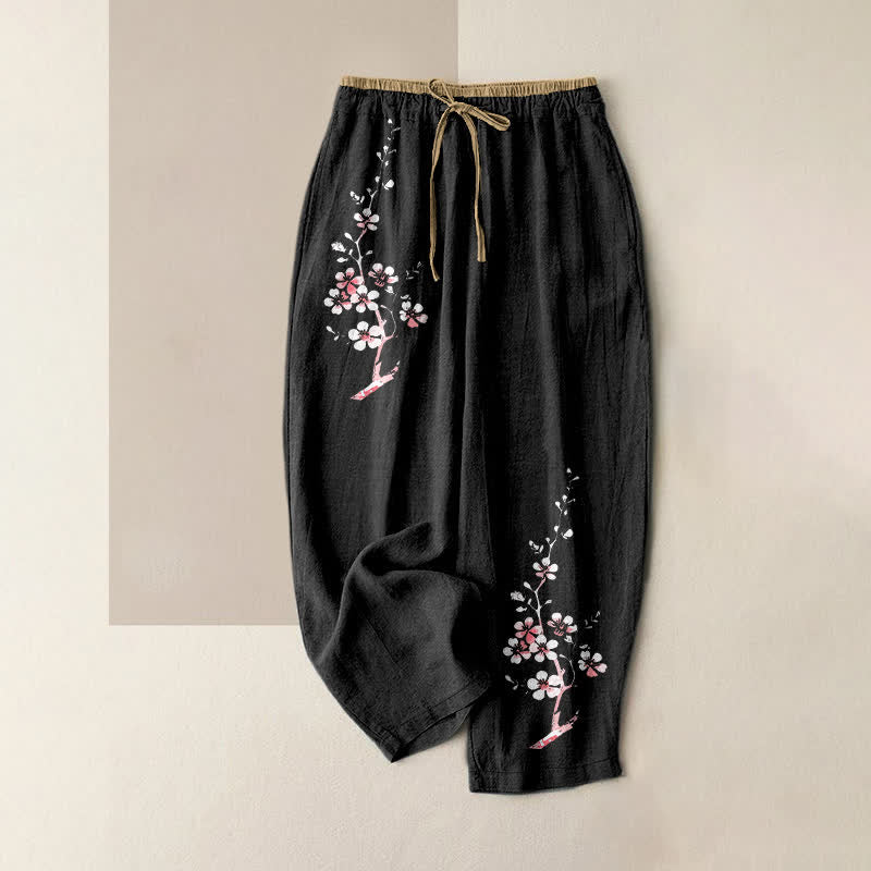 Buddha Stones Pantalones de mujer de algodón puro con estampado de ramas florales orientales, cintura elástica y bolsillos. - Negro - US16，UK/AU20，EU48 (3XL) - image 4