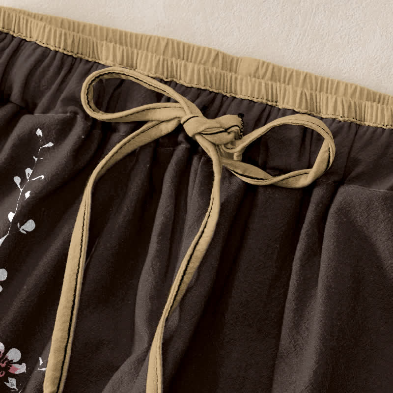 Buddha Stones Pantalones de mujer de algodón puro con estampado de ramas florales orientales, cintura elástica y bolsillos. - image 1