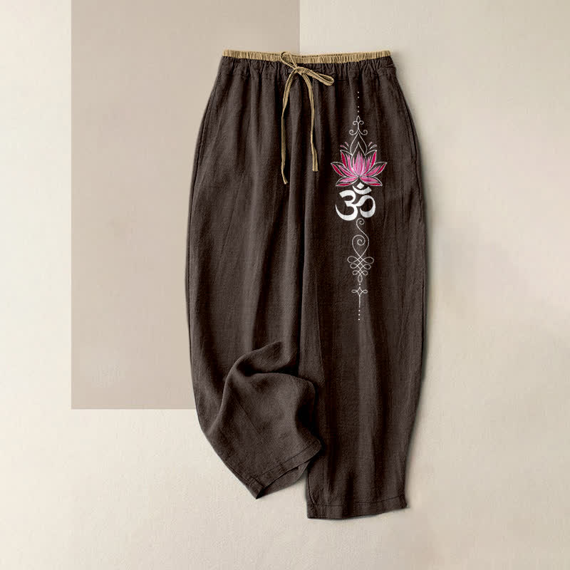 Buddha Stones Pantalones de mujer de algodón puro con estampado Zen Lotus Om, cintura elástica y bolsillos. - Marrón silla de montar - US16，UK/AU20，EU48 (3XL) - image 4