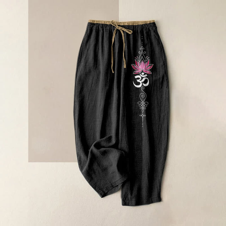 Buddha Stones Pantalones de mujer de algodón puro con estampado Zen Lotus Om, cintura elástica y bolsillos. - Negro - US16，UK/AU20，EU48 (3XL) - image 0