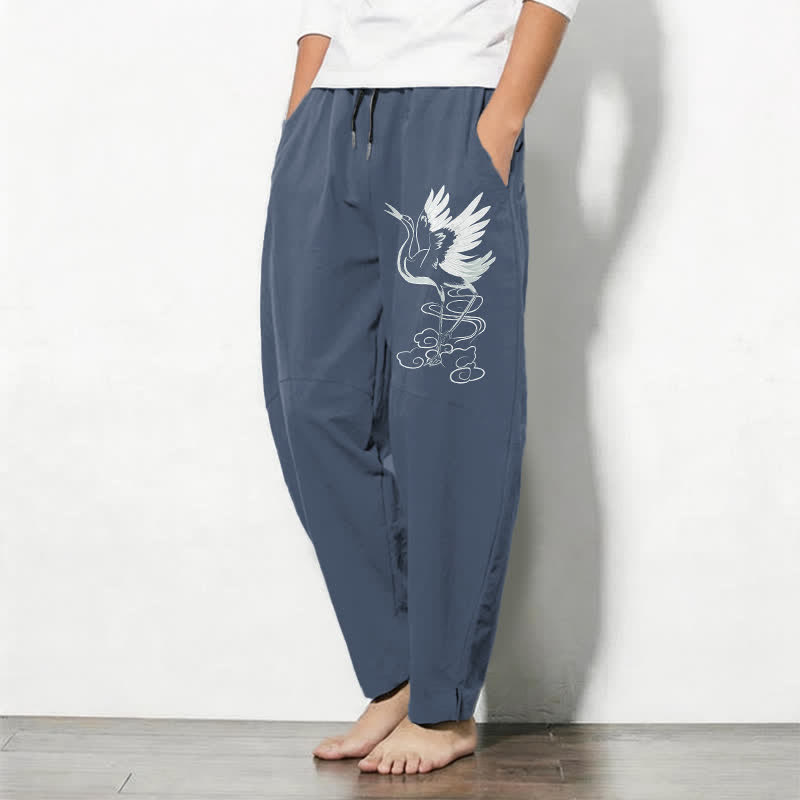 Buddha Stones Pantalones de hombre de algodón puro, color blanco, con estampado de grullas, cordón ajustable y corte cónico, con bolsillos. - image 1