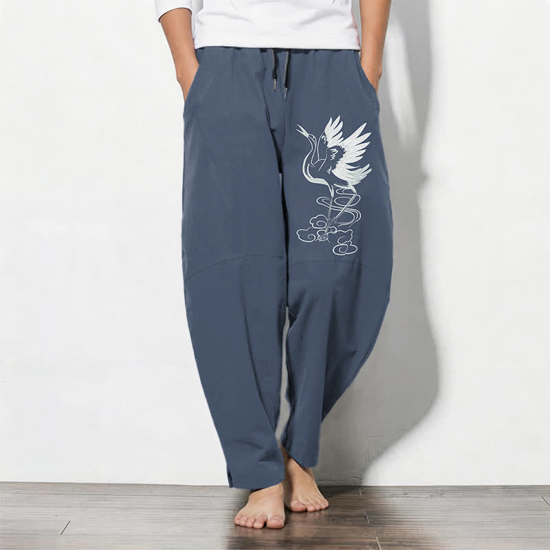 Buddha Stones Pantalones de hombre de algodón puro, color blanco, con estampado de grullas, cordón ajustable y corte cónico, con bolsillos. - Azul acero - US/UK/AU50, EU60 (5XL) - image 0