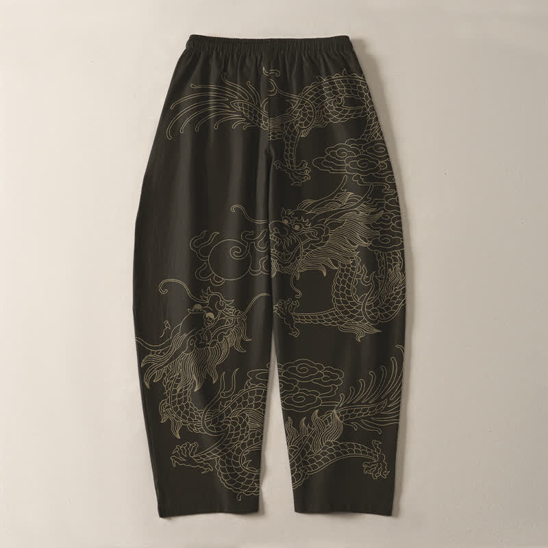 Buddha Stones Pantalones de hombre de algodón puro con estampado de nube y dragón dorado, cordón ajustable y corte cónico, con bolsillos. - Negro - US/UK/AU50, EU60 (5XL) - image 3