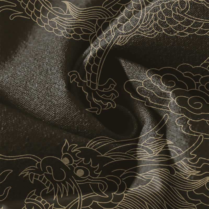 Buddha Stones Pantalones de hombre de algodón puro con estampado de nube y dragón dorado, cordón ajustable y corte cónico, con bolsillos. - image 6