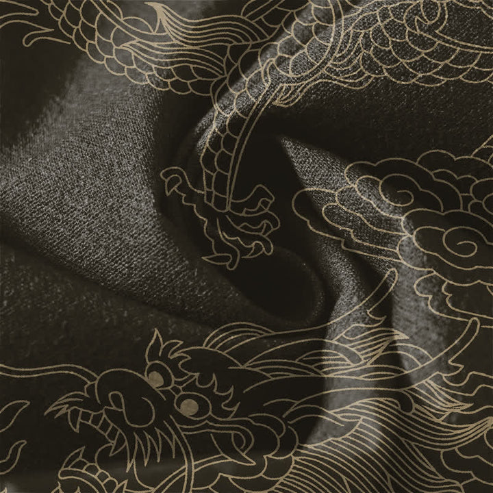 Buddha Stones Pantalones de hombre de algodón puro con estampado de nube y dragón dorado, cordón ajustable y corte cónico, con bolsillos. - image 6