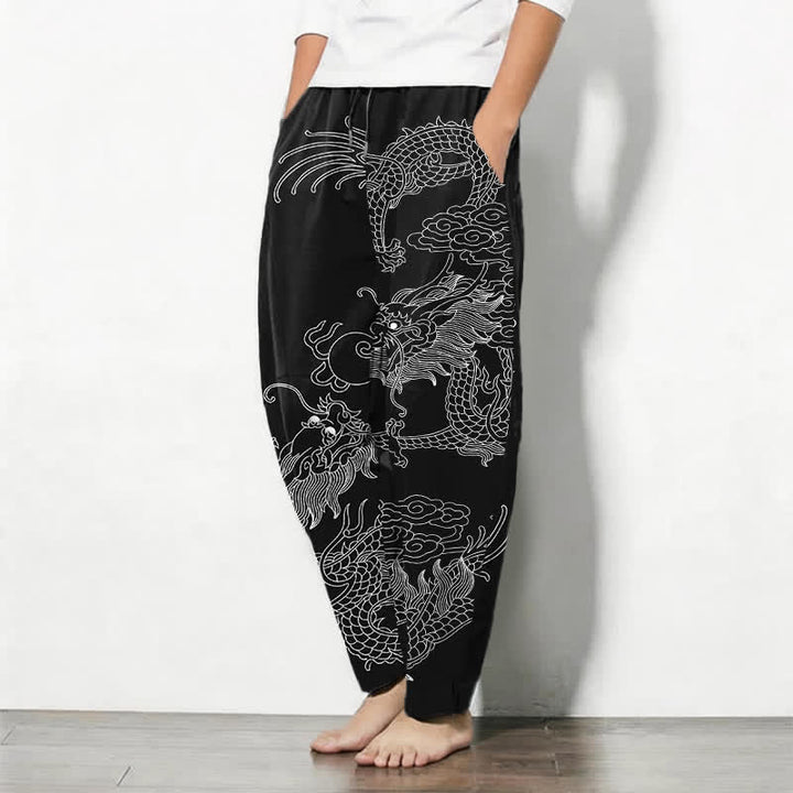 Buddha Stones Pantalones de hombre de algodón puro con estampado de nube y dragón dorado, cordón ajustable y corte cónico, con bolsillos. - image 8