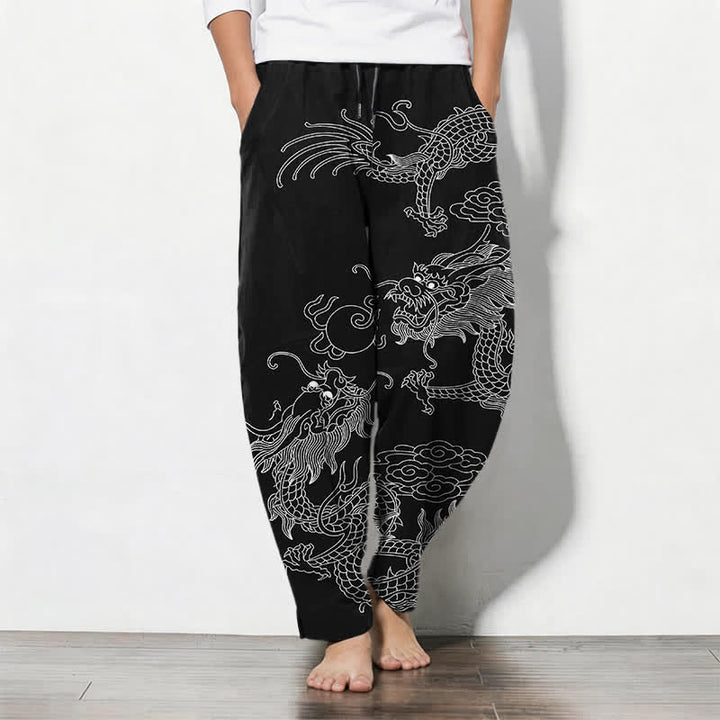 Buddha Stones Pantalones de hombre de algodón puro con estampado de nube y dragón dorado, cordón ajustable y corte cónico, con bolsillos. - image 7