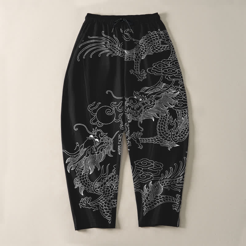 Buddha Stones Pantalones de hombre de algodón puro con estampado de nube y dragón dorado, cordón ajustable y corte cónico, con bolsillos. - image 9