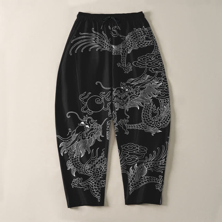 Buddha Stones Pantalones de hombre de algodón puro con estampado de nube y dragón dorado, cordón ajustable y corte cónico, con bolsillos. - image 9