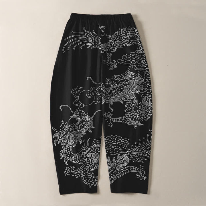 Buddha Stones Pantalones de hombre de algodón puro con estampado de nube y dragón dorado, cordón ajustable y corte cónico, con bolsillos. - image 10