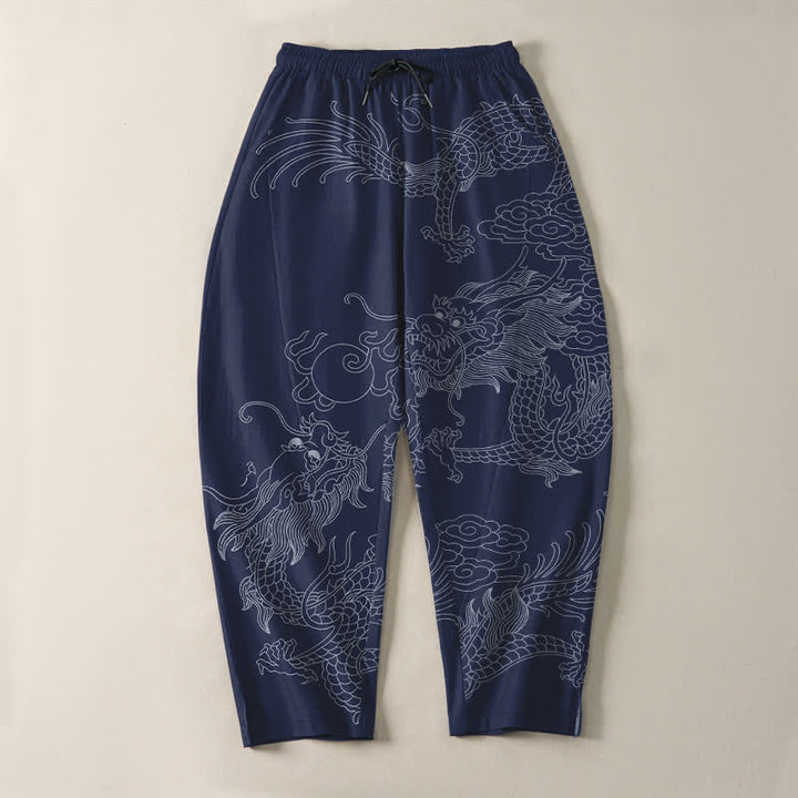 Buddha Stones Pantalones de hombre de algodón puro con estampado de nube y dragón dorado, cordón ajustable y corte cónico, con bolsillos. - image 16