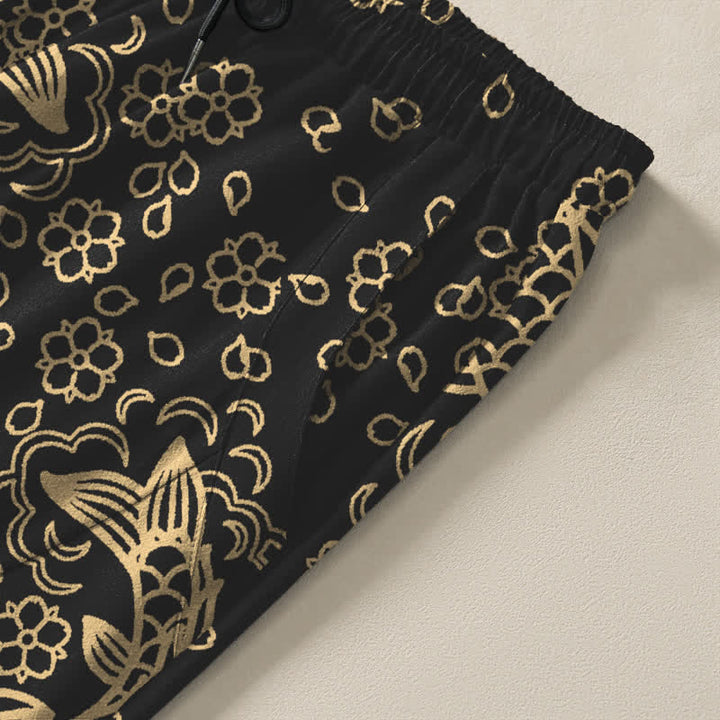 Buddha Stones Pantalones de hombre de algodón puro con estampado floral de peces koi dorados, cordón ajustable y corte cónico, con bolsillos. - image 4