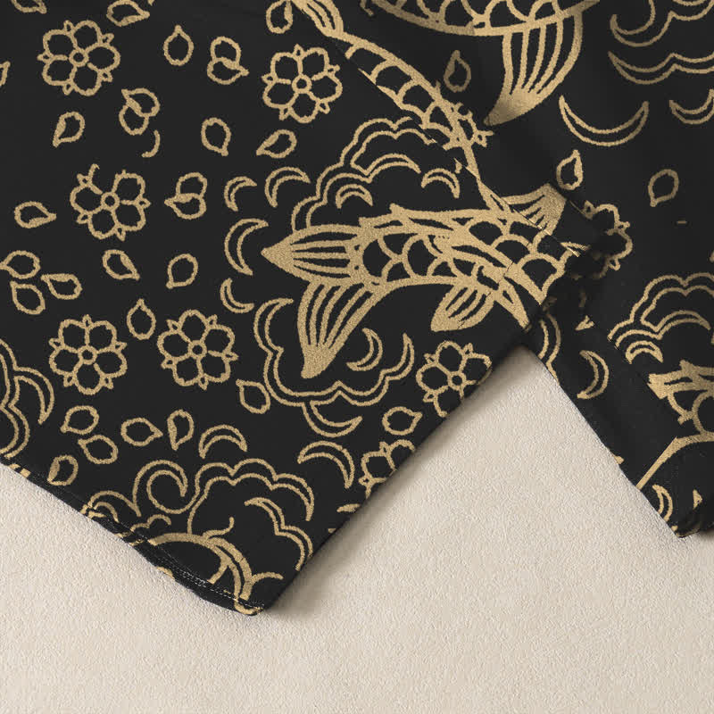 Buddha Stones Pantalones de hombre de algodón puro con estampado floral de peces koi dorados, cordón ajustable y corte cónico, con bolsillos. - image 5