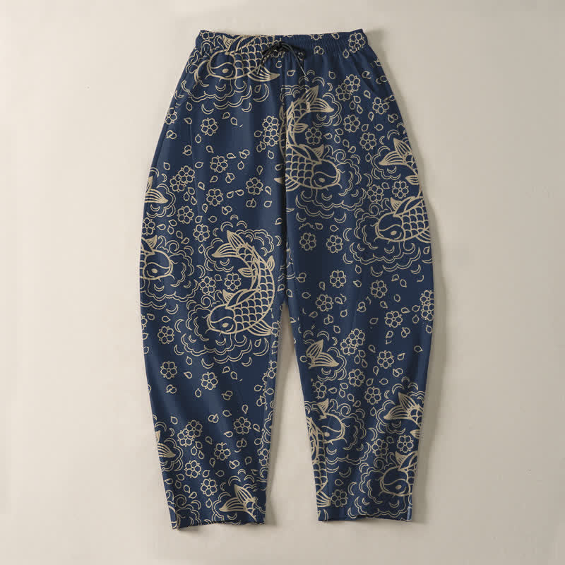 Buddha Stones Pantalones de hombre de algodón puro con estampado floral de peces koi dorados, cordón ajustable y corte cónico, con bolsillos. - image 9