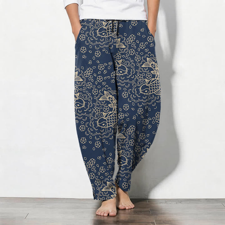 Buddha Stones Pantalones de hombre de algodón puro con estampado floral de peces koi dorados, cordón ajustable y corte cónico, con bolsillos. - Marina de guerra - US/UK/AU50, EU60 (5XL) - image 7