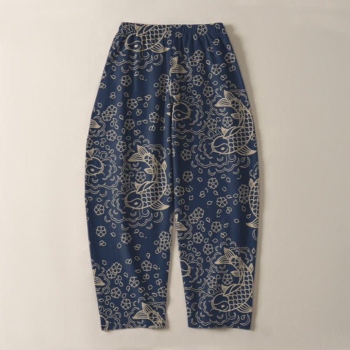 Buddha Stones Pantalones de hombre de algodón puro con estampado floral de peces koi dorados, cordón ajustable y corte cónico, con bolsillos. - image 10