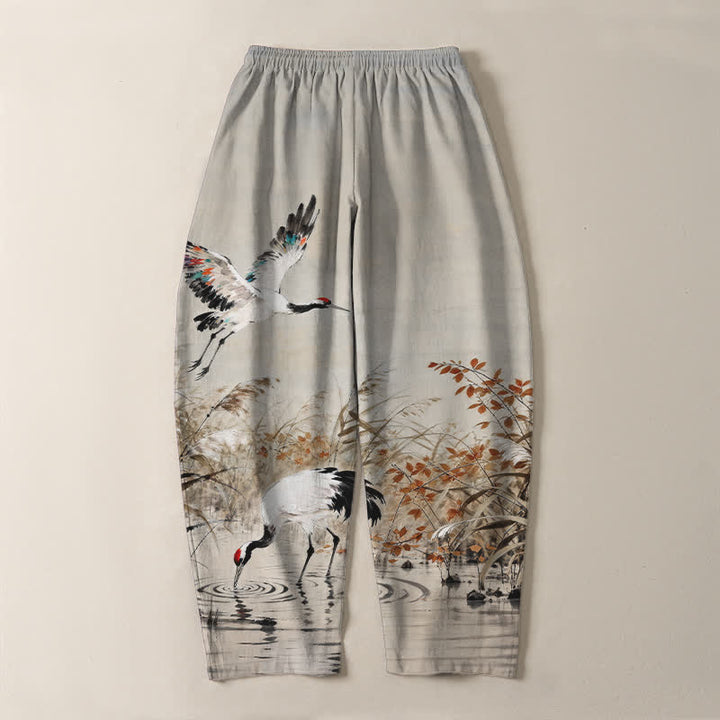 Buddha Stones Pantalones de hombre de algodón puro con estampado de grullas y cordones, corte ajustado y bolsillos. - image 3