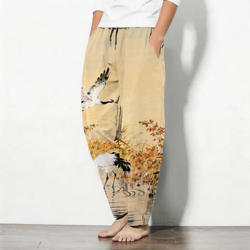 Buddha Stones Pantalones de hombre de algodón puro con estampado de grullas y cordones, corte ajustado y bolsillos. - image 8