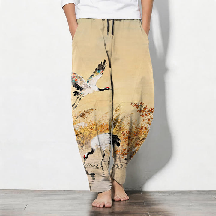 Buddha Stones Pantalones de hombre de algodón puro con estampado de grullas y cordones, corte ajustado y bolsillos. - Trigo - US/UK/AU50, EU60 (5XL) - image 7