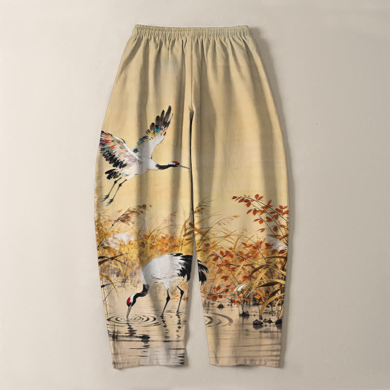 Buddha Stones Pantalones de hombre de algodón puro con estampado de grullas y cordones, corte ajustado y bolsillos. - image 10