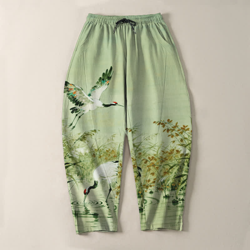 Buddha Stones Pantalones de hombre de algodón puro con estampado de grullas y cordones, corte ajustado y bolsillos. - image 16