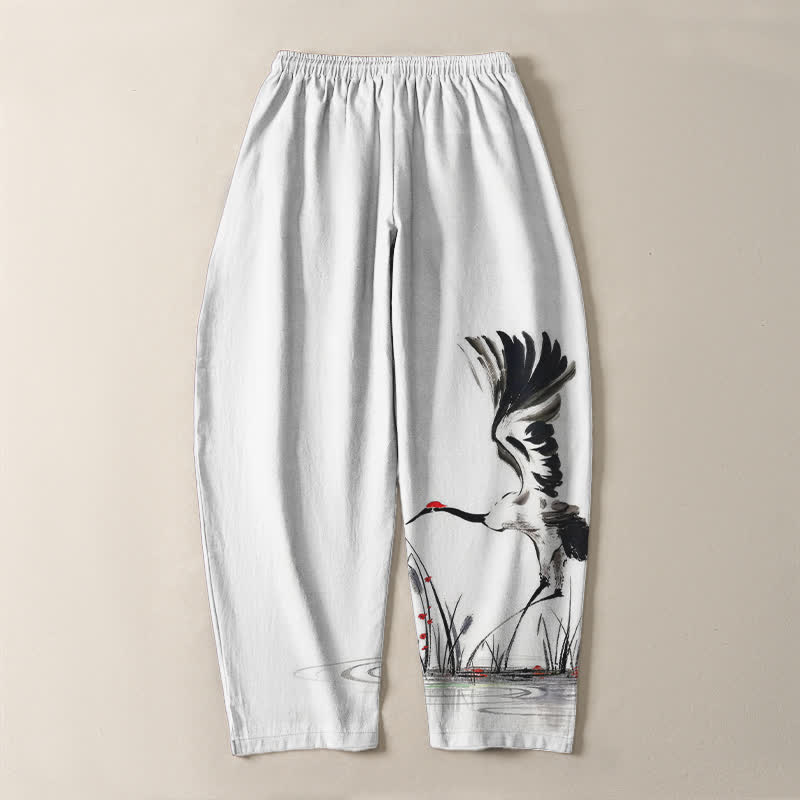 Buddha Stones Pantalones de hombre de algodón puro con estampado de grullas y cordón ajustable, corte cónico y bolsillos. - image 3