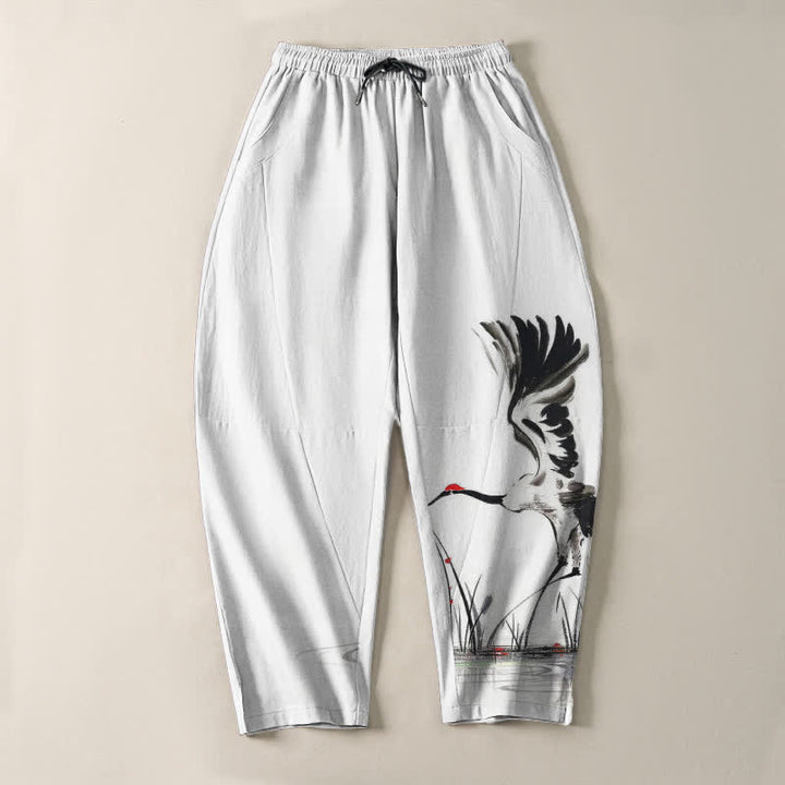 Buddha Stones Pantalones de hombre de algodón puro con estampado de grullas y cordón ajustable, corte cónico y bolsillos. - image 2