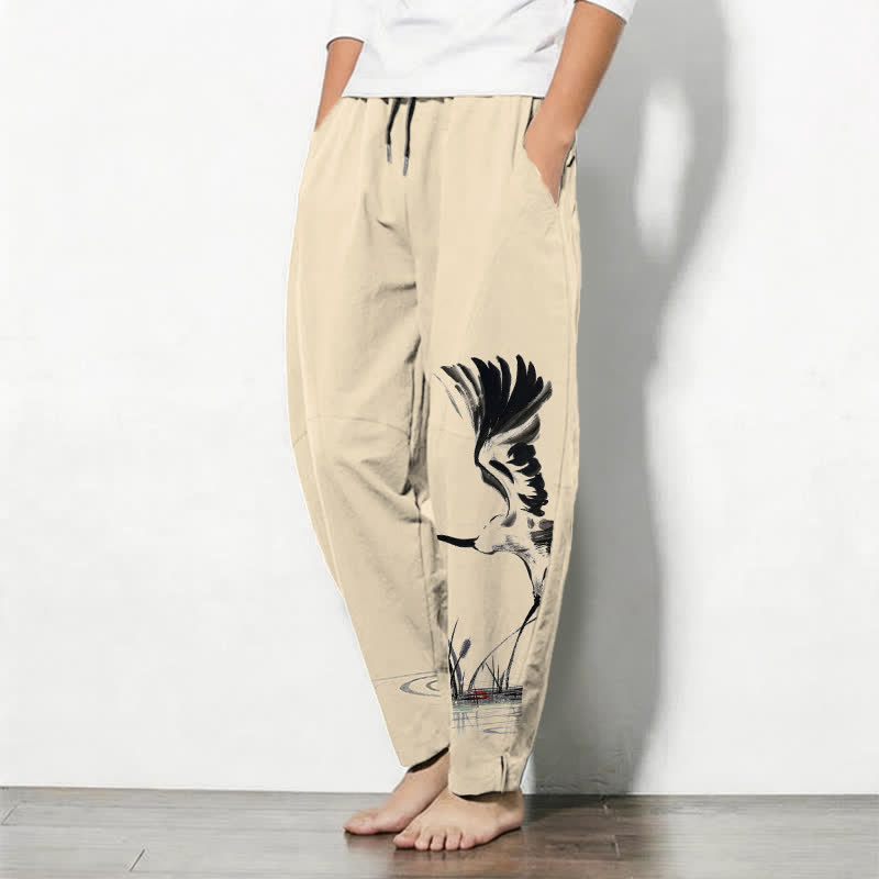 Buddha Stones Pantalones de hombre de algodón puro con estampado de grullas y cordón ajustable, corte cónico y bolsillos. - image 12