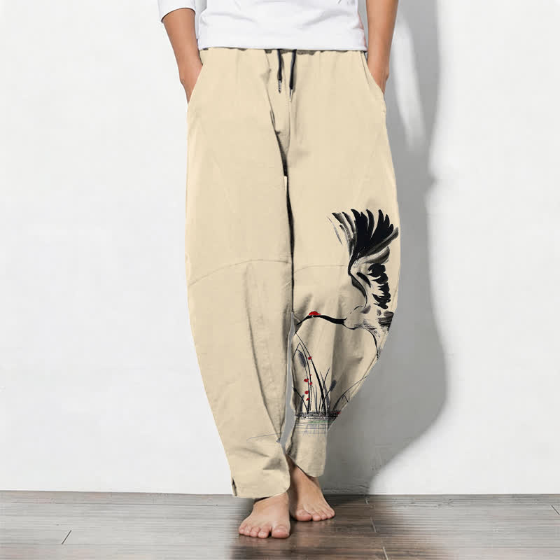 Buddha Stones Pantalones de hombre de algodón puro con estampado de grullas y cordón ajustable, corte cónico y bolsillos. - Beige - US/UK/AU50, EU60 (5XL) - image 11