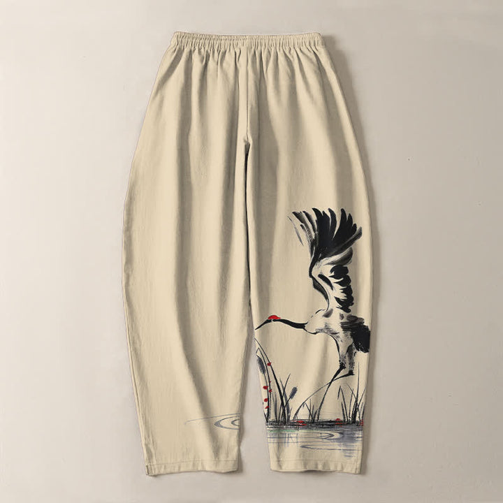 Buddha Stones Pantalones de hombre de algodón puro con estampado de grullas y cordón ajustable, corte cónico y bolsillos. - image 14