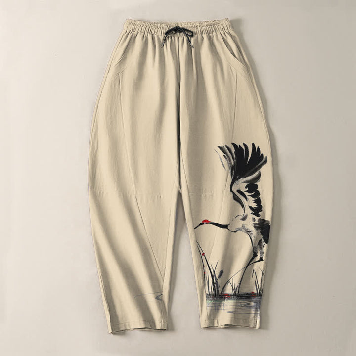Buddha Stones Pantalones de hombre de algodón puro con estampado de grullas y cordón ajustable, corte cónico y bolsillos. - image 13