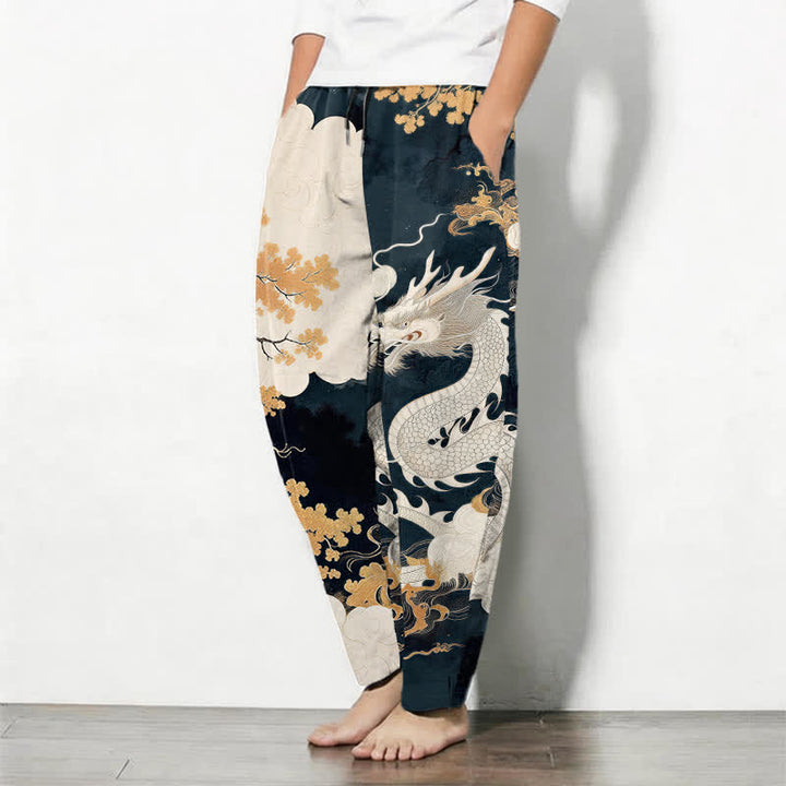 Buddha Stones Pantalones de hombre de algodón puro con estampado de dragón oriental y nubes, con cordón ajustable y corte ajustado, bolsillos. - image 1