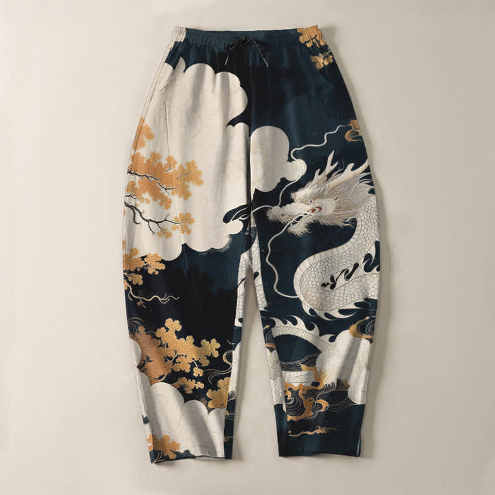 Buddha Stones Pantalones de hombre de algodón puro con estampado de dragón oriental y nubes, con cordón ajustable y corte ajustado, bolsillos. - image 2