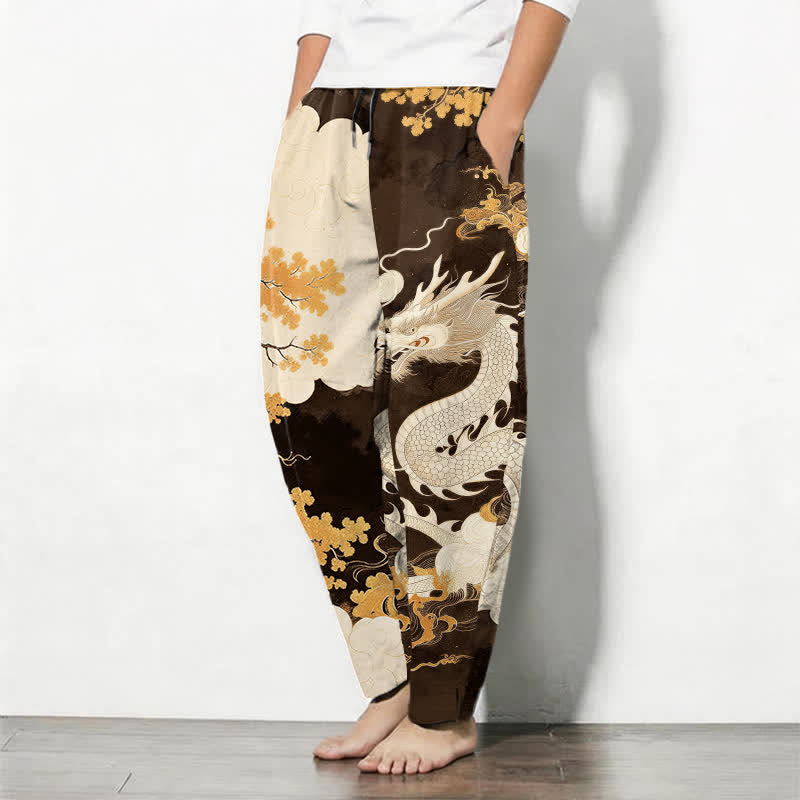 Buddha Stones Pantalones de hombre de algodón puro con estampado de dragón oriental y nubes, con cordón ajustable y corte ajustado, bolsillos. - image 8