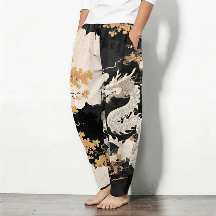 Buddha Stones Pantalones de hombre de algodón puro con estampado de dragón oriental y nubes, con cordón ajustable y corte ajustado, bolsillos. - image 12