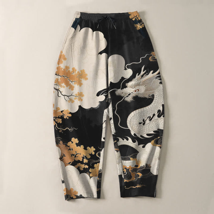 Buddha Stones Pantalones de hombre de algodón puro con estampado de dragón oriental y nubes, con cordón ajustable y corte ajustado, bolsillos. - image 13
