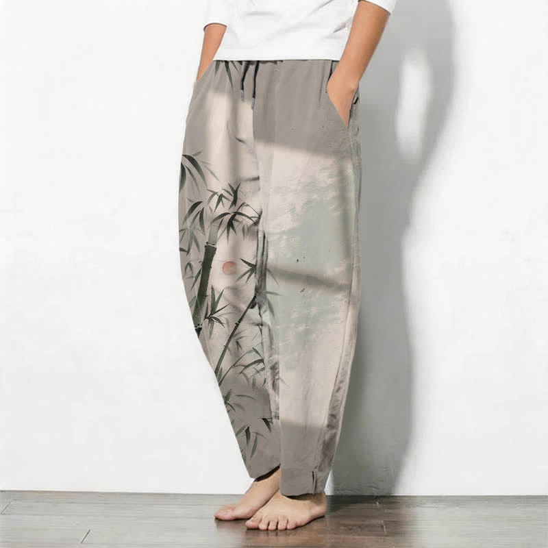 Buddha Stones Pantalones de hombre de algodón puro con estampado de bambú, cordón ajustable y corte cónico, con bolsillos. - image 1