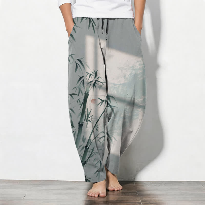 Buddha Stones Pantalones de hombre de algodón puro con estampado de bambú, cordón ajustable y corte cónico, con bolsillos. - Gris claro - US/UK/AU50, EU60 (5XL) - image 7