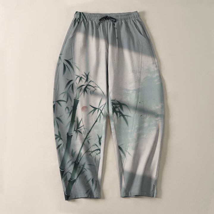 Buddha Stones Pantalones de hombre de algodón puro con estampado de bambú, cordón ajustable y corte cónico, con bolsillos. - image 9