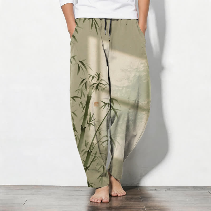 Buddha Stones Pantalones de hombre de algodón puro con estampado de bambú, cordón ajustable y corte cónico, con bolsillos. - Caqui oscuro - US/UK/AU50, EU60 (5XL) - image 11