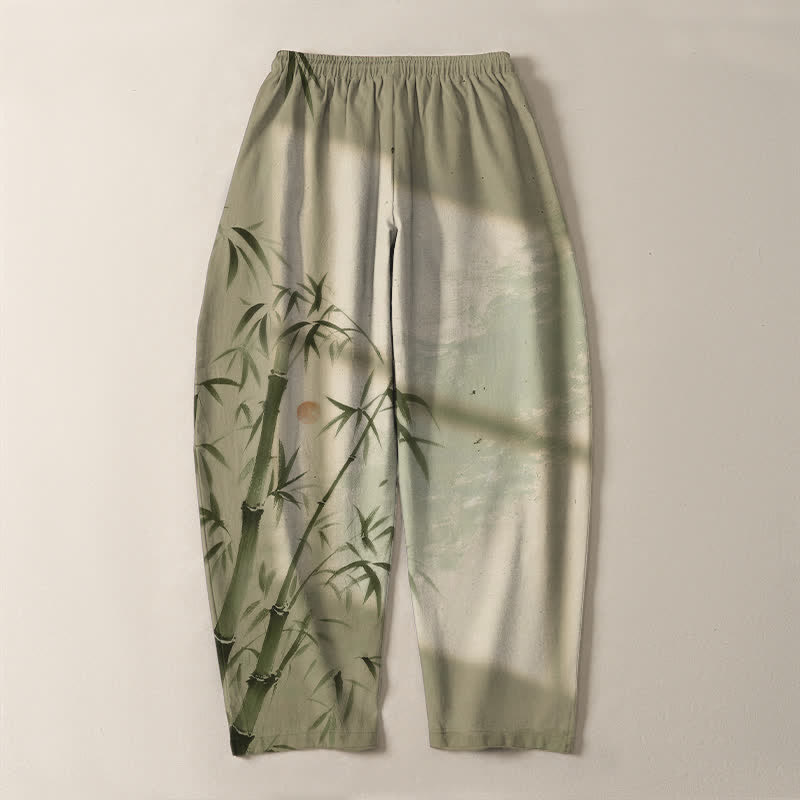 Buddha Stones Pantalones de hombre de algodón puro con estampado de bambú, cordón ajustable y corte cónico, con bolsillos. - image 14