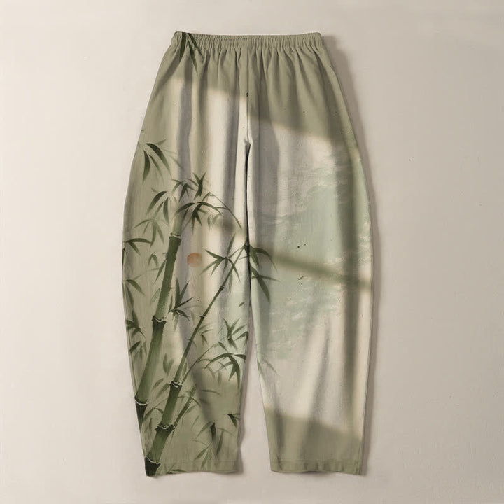 Buddha Stones Pantalones de hombre de algodón puro con estampado de bambú, cordón ajustable y corte cónico, con bolsillos. - image 14