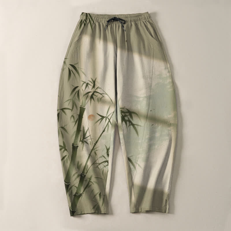 Buddha Stones Pantalones de hombre de algodón puro con estampado de bambú, cordón ajustable y corte cónico, con bolsillos. - image 13