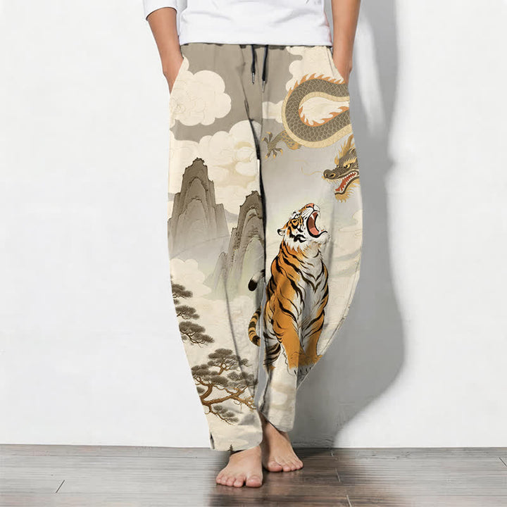 Buddha Stones Pantalones de hombre de algodón puro con estampado de paisaje de tigre y dragón, cordón ajustable y corte cónico, con bolsillos. - Broncearse - US/UK/AU50, EU60 (5XL) - image 0