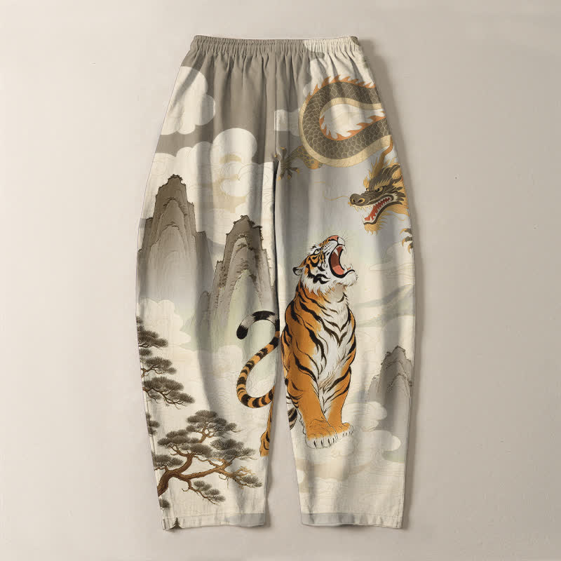Buddha Stones Pantalones de hombre de algodón puro con estampado de paisaje de tigre y dragón, cordón ajustable y corte cónico, con bolsillos. - image 3