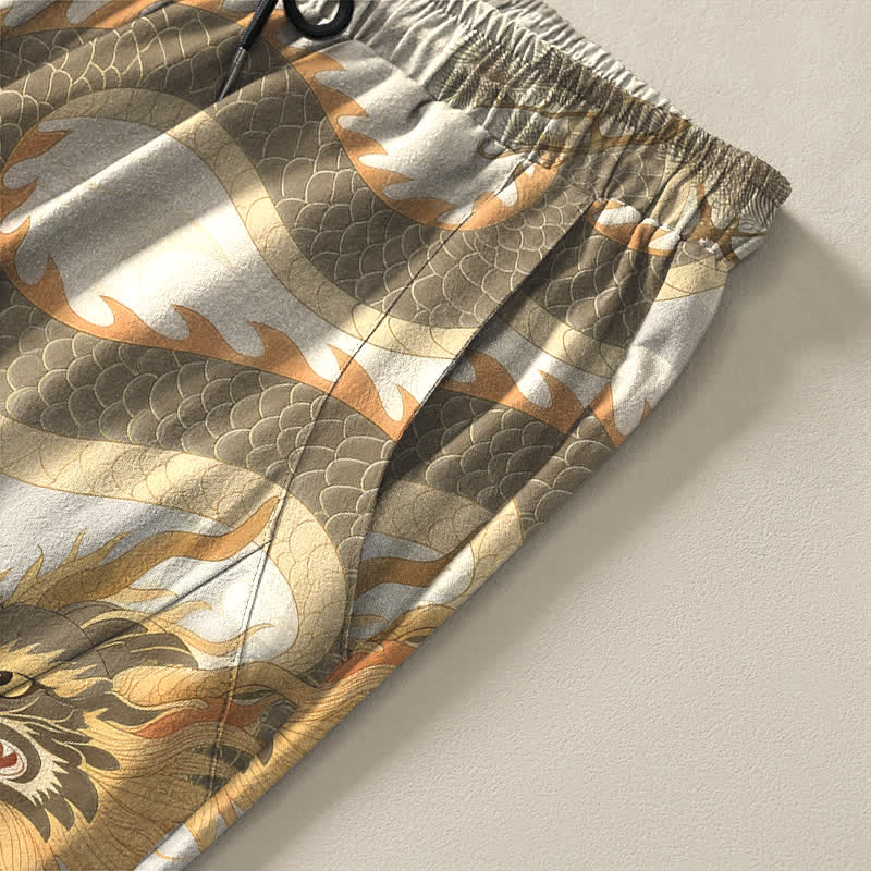 Buddha Stones Pantalones de hombre de algodón puro con estampado de paisaje de tigre y dragón, cordón ajustable y corte cónico, con bolsillos. - image 4