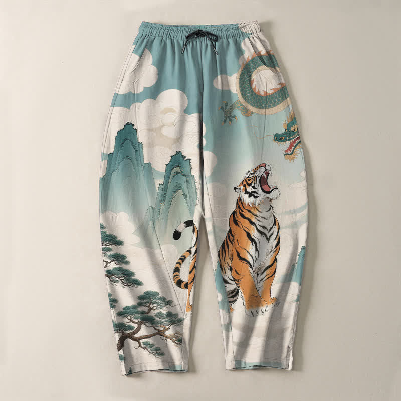 Buddha Stones Pantalones de hombre de algodón puro con estampado de paisaje de tigre y dragón, cordón ajustable y corte cónico, con bolsillos. - image 9