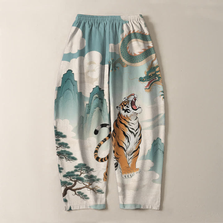 Buddha Stones Pantalones de hombre de algodón puro con estampado de paisaje de tigre y dragón, cordón ajustable y corte cónico, con bolsillos. - image 10