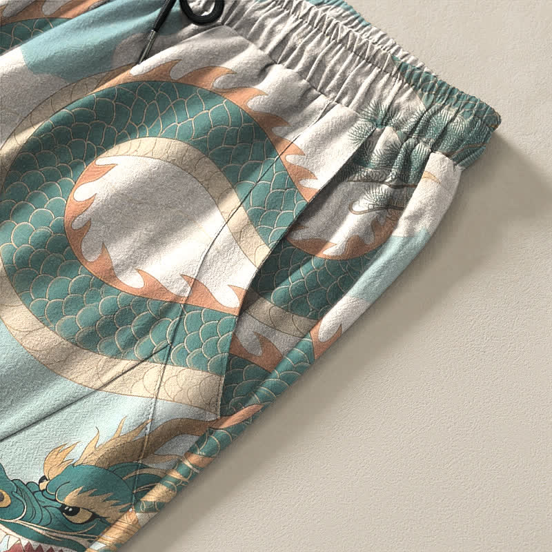 Buddha Stones Pantalones de hombre de algodón puro con estampado de paisaje de tigre y dragón, cordón ajustable y corte cónico, con bolsillos. - image 11